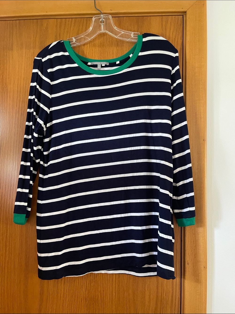 Lemon Tart Navy & White Striped Top with Green Trim